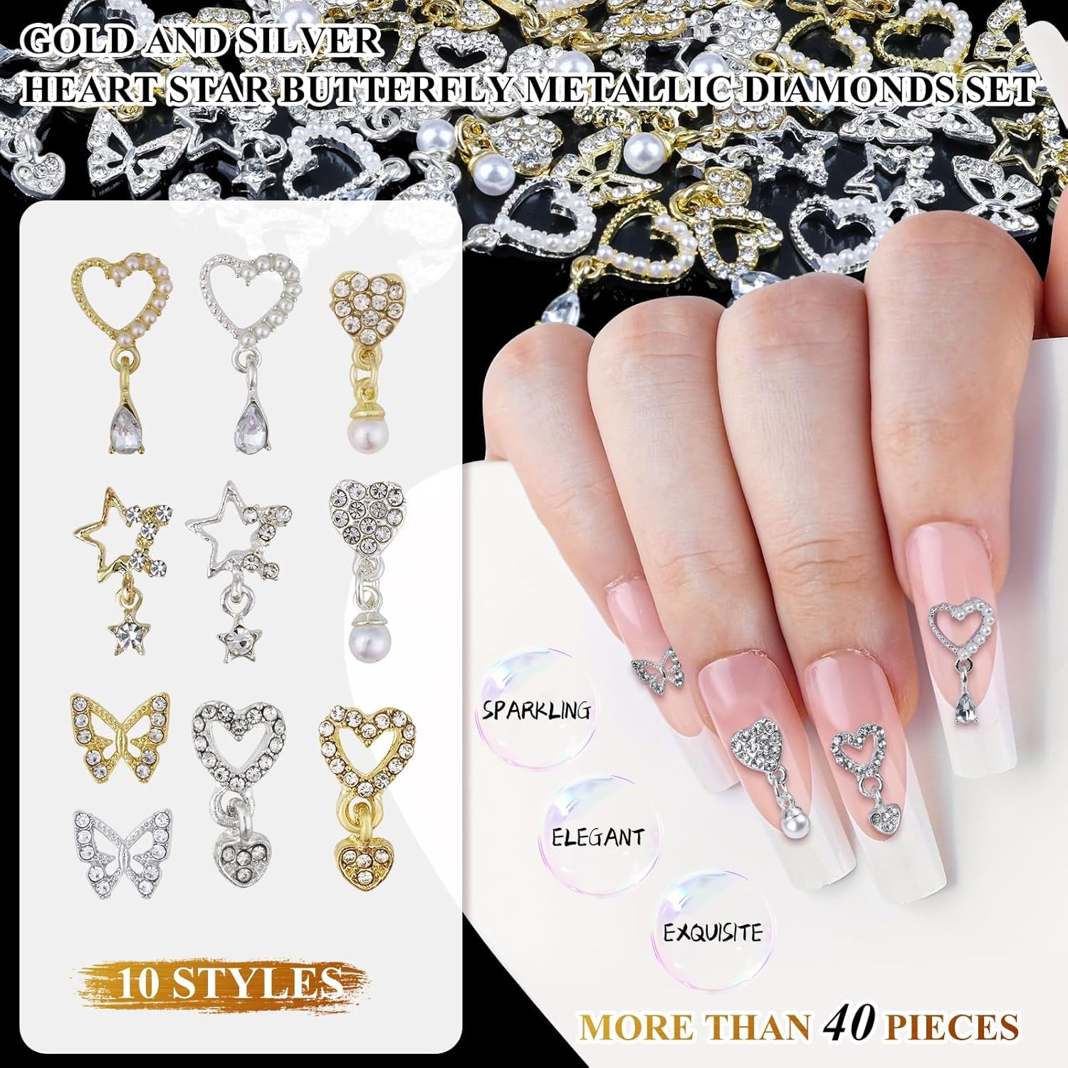 40 Pieces Heart Dangle Nail Charms 3D Alloy Luxury Nail Rhinestones Silver Gold Nail Gems Butterfly Star Nail Jewels for Nail Art, Women Girls DIY Nail Design