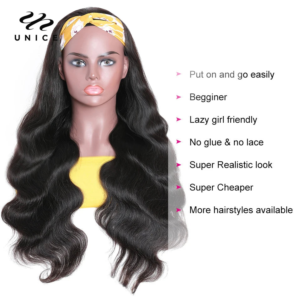 Hair Body Wave Headband Wigs 150% Density Brazilian Glueless Human Hair Wigs Natural Color Headband Scarf Wigs