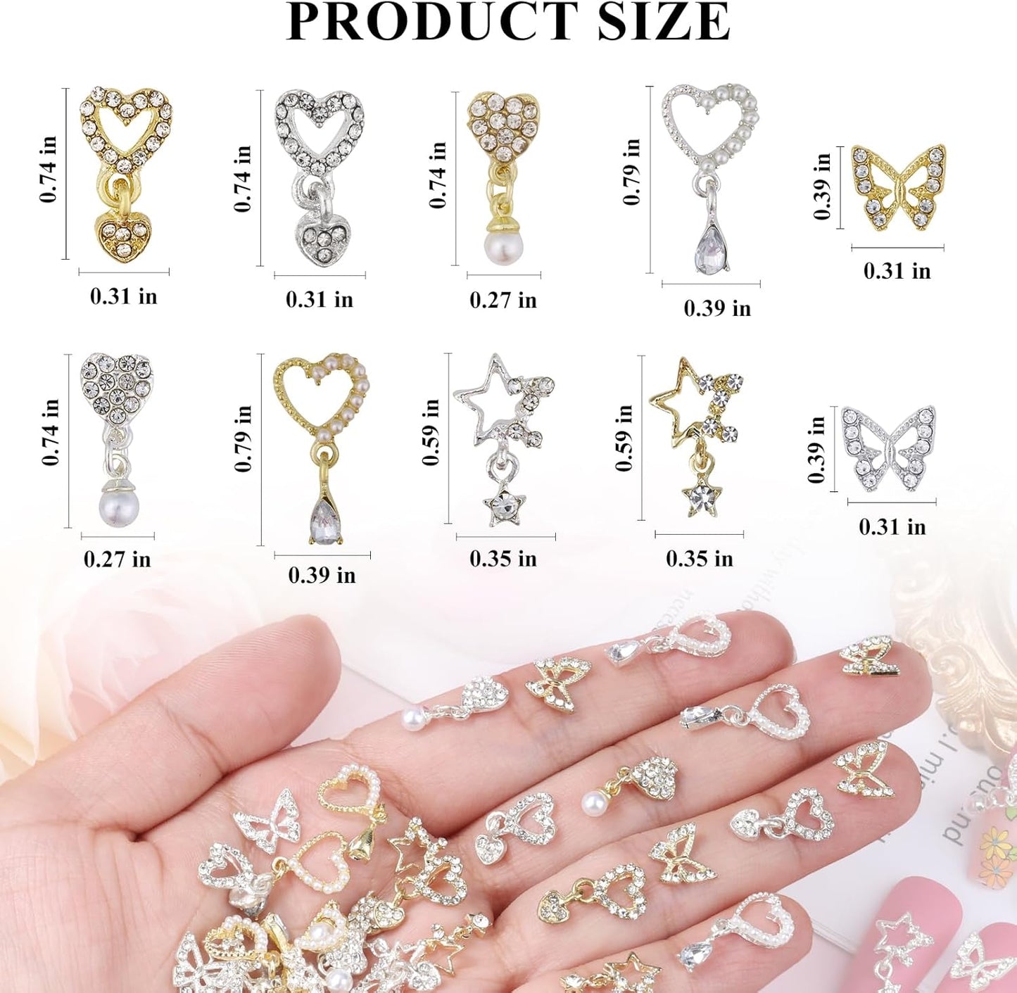 40 Pieces Heart Dangle Nail Charms 3D Alloy Luxury Nail Rhinestones Silver Gold Nail Gems Butterfly Star Nail Jewels for Nail Art, Women Girls DIY Nail Design