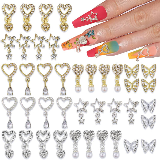 40 Pieces Heart Dangle Nail Charms 3D Alloy Luxury Nail Rhinestones Silver Gold Nail Gems Butterfly Star Nail Jewels for Nail Art, Women Girls DIY Nail Design