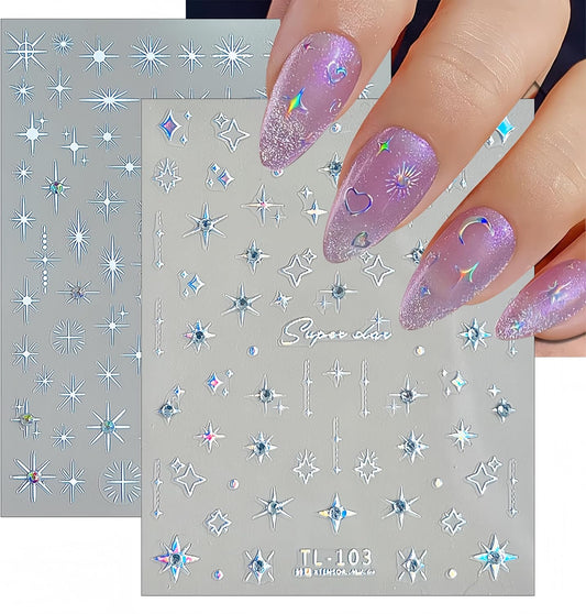 5D Self-Adhesive Glitter Diamond Star Nail Art Sticker Glitter Rhinestones Nail Design White Stars Nail Supplies Shiny Crystal Star Luxury Nail Design Supplies for Women DIY Nail Decorations