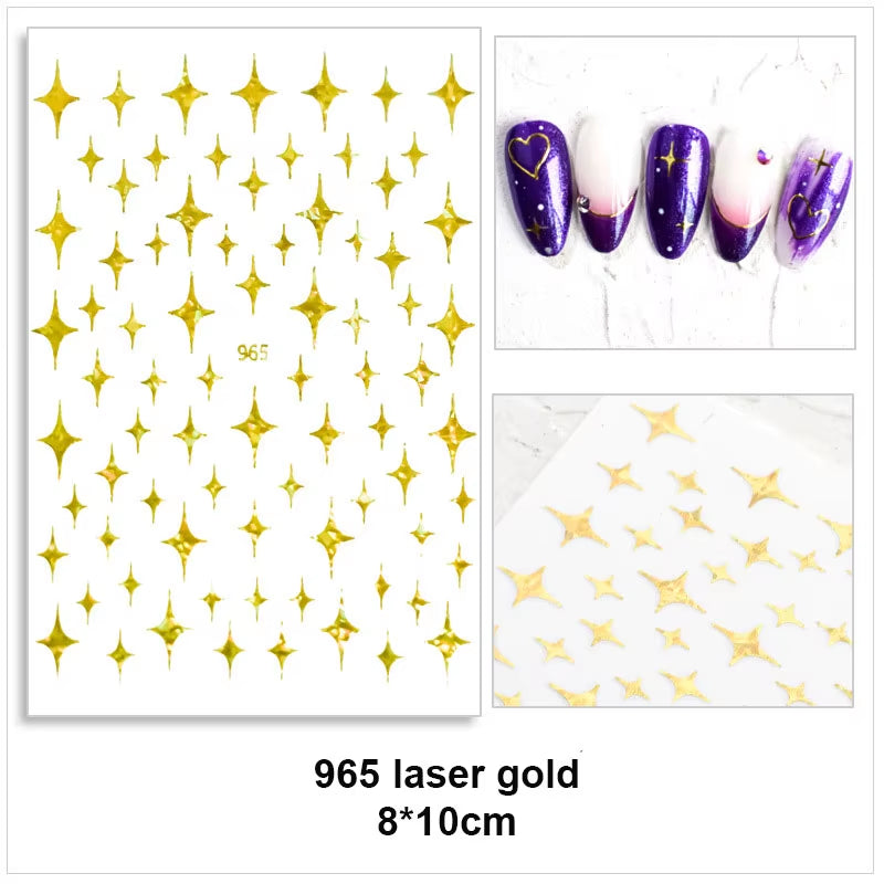 Laser Star Sticker for Nail Art Decoration Gold White Silver Black Thin Foils 3D Manicure Accessories Slider Nail Decal YJ005