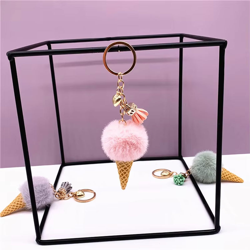 Ice Cream Pendant Rign Keychain Cute Cartoon Keychain Plush Bags Hang Cone Car Key Chain Ring Areata Creative Gift K3164