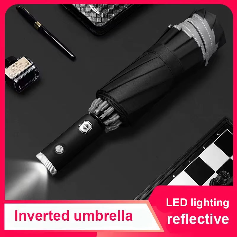 LED Umbrella Male Fully Automatic Reverse Umbrella Female Dual Purpose Folding Automatic Umbrella Large Size