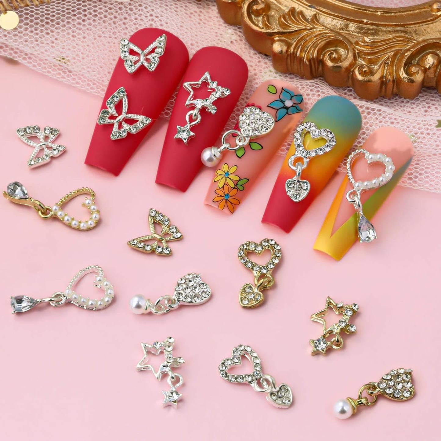 40 Pieces Heart Dangle Nail Charms 3D Alloy Luxury Nail Rhinestones Silver Gold Nail Gems Butterfly Star Nail Jewels for Nail Art, Women Girls DIY Nail Design