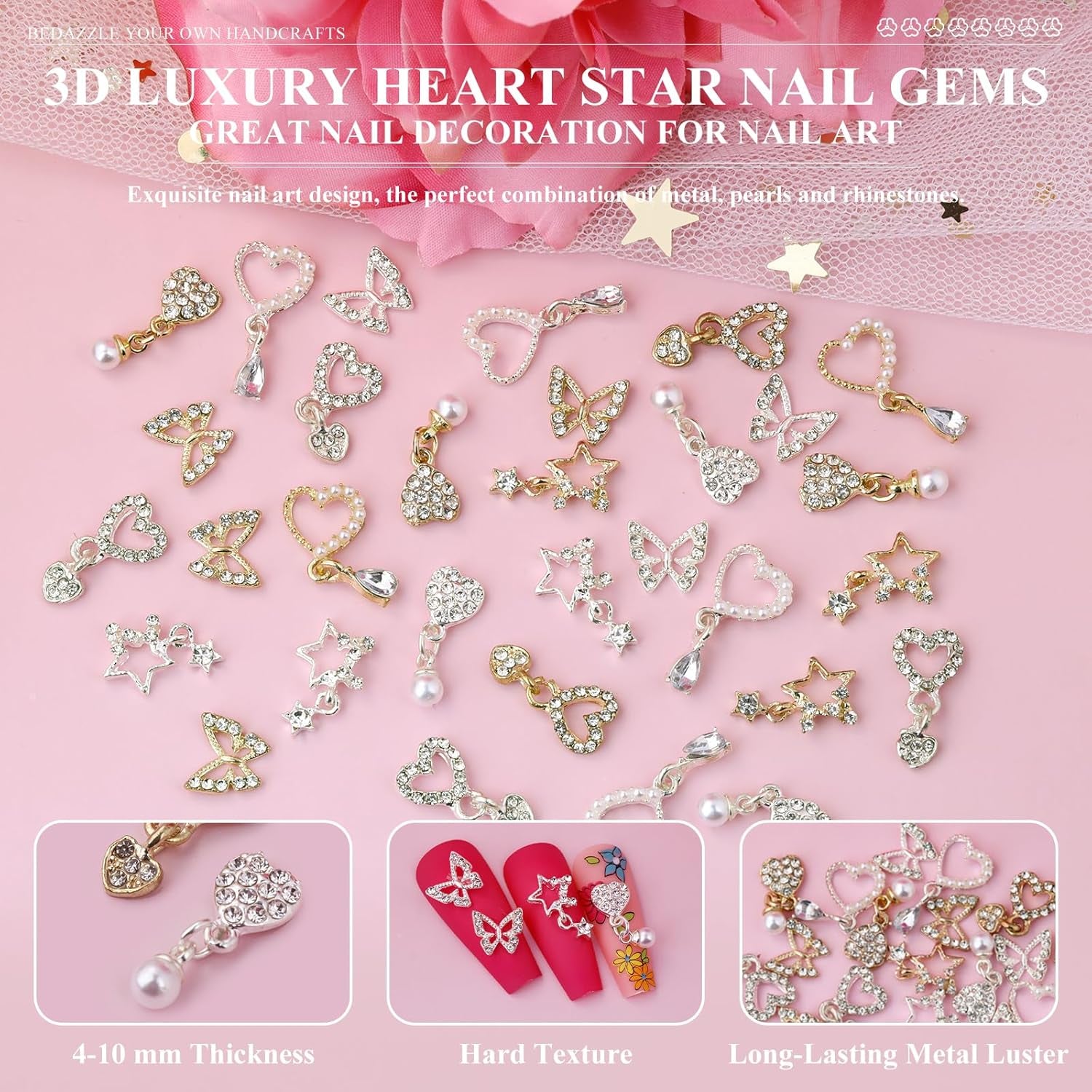 40 Pieces Heart Dangle Nail Charms 3D Alloy Luxury Nail Rhinestones Silver Gold Nail Gems Butterfly Star Nail Jewels for Nail Art, Women Girls DIY Nail Design