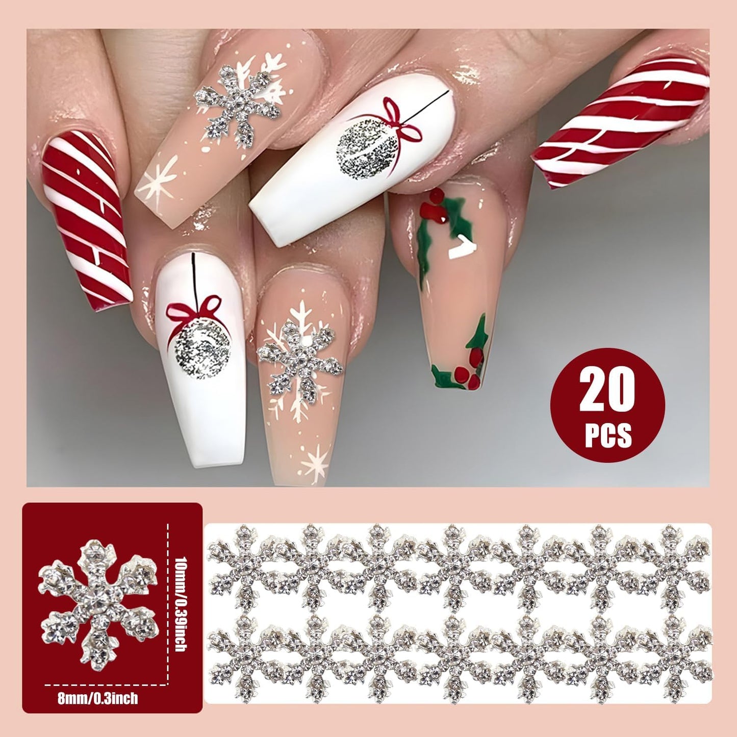 20 PCS Christmas Snowflake Nail Charms 3D Alloy Glitter Nail Art Charms with Gems Rhinestones Silver Nail Xmas Art Supplies Metal Nail Accessories Nail Jewelry for Women Nail Supplies Nail Decor