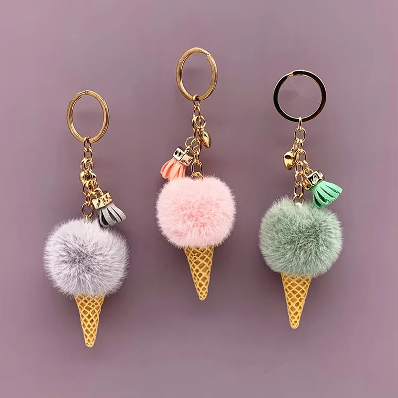 Ice Cream Pendant Rign Keychain Cute Cartoon Keychain Plush Bags Hang Cone Car Key Chain Ring Areata Creative Gift K3164