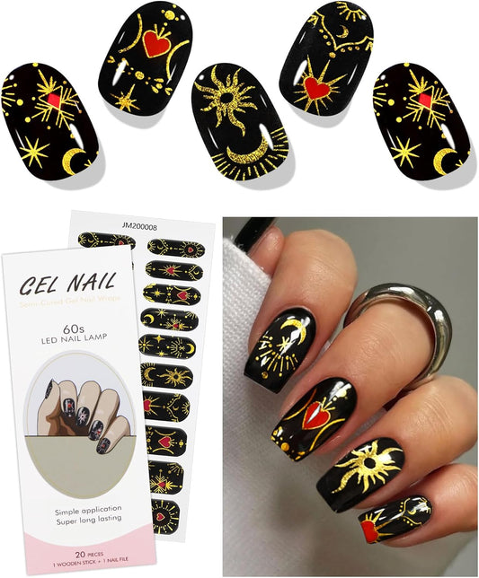 Gel Nail Stickers Moon Star Black Semi Cured Gel Nail Strips Wraps UV/LED Nail Supplies Nail Art Design Decoration Accessories